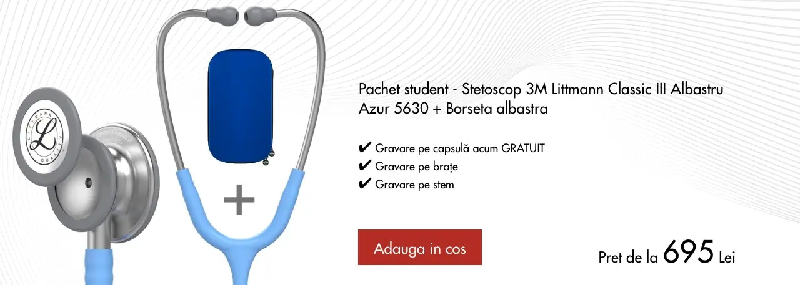 Pachet student - Stetoscop 3M Littmann Classic III Albastru Azur 5630 + Borseta albastra